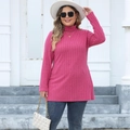 Top a collo alto rosso rosa taglie forti in maglia a coste con maniche lunghe - 0XL / Rosa Rossa
