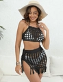 Detail of black crochet knit two-piece beach cover-up set with fringe and openwork texture - One Size / Top And Bottom / Black