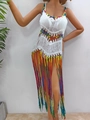 Detail of hand-crocheted rainbow hollow mesh and colorful long tassels on white beach dress - One Size / White