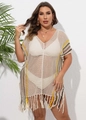 Detail of crochet knit beach cover-up featuring colorful stripes and fringe hem - Apricot