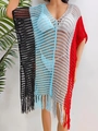 Detail of V-neck crochet beach cover-up featuring colorful striped panels and fringe hem - One Size / Tops / Red Gray Blue Black