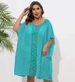 Detail of teal crochet hollow-out V-neckline on plus size beach cover-up dress - One Size / Tops / Green