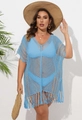 Close-up of light blue hollow-out knit beach cover-up featuring v-neck and fringe details - Sky Blue