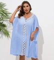 Close-up of light blue beach cover-up featuring intricate white crochet lace V-neck detail - One Size / Tops / Sky Blue