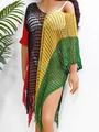 Detail view of crochet beach cover-up with color-block knit pattern and fringe hem - One Size / Tops / Red Black Yellow Green
