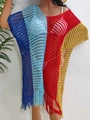 Primer plano de vestido de ganchillo en bloques de color con flecos decorativos - Talla única / Amarillo Rojo Azul