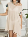 Detail of beige beach cover-up featuring colorful crochet flower sleeves and fringe hem - One Size / Apricot