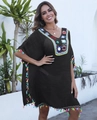 Detail of colorful crochet patchwork V-neckline and fringe trim on black beach cover-up dress - One Size / Tops / Black