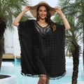 Detail of black crochet neckline and 3D polka dot texture on beach cover-up dress - One Size / Black