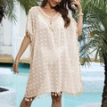 Detail of bohemian beach cover-up with geometric crochet lace and long tassel fringe - One Size / Apricot