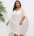 Detail of white boho beach cover-up featuring intricate crochet neckline and loose chiffon fabric - One Size / Tops / White