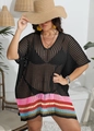 Detail of black crochet beach cover-up with V-neck and colorful striped hem - One Size / Tops / Black
