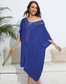 Detail of crochet neckline on navy blue loose beach dress with a bohemian vacation vibe - One Size / Royal Blue
