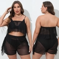 Details des Mesh-Sets in Übergröße mit Oberteil mit Rüschensaum und hoher Mesh-Shorts - 0XL / Schwarz