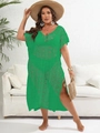 Robe de plage au crochet vert émeraude avec col en V et fentes latérales pour les vacances - Taille unique / Vert