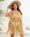 Detail view of beige knit beach cover-up featuring vertical cut-outs and fringe hem style - One Size / Khaki