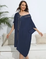 Detail of navy blue V-neck beach cover-up with crochet embroidery and batwing sleeves - One Size / Navy Blue