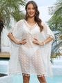 Detail of white crochet beach cover-up featuring fringe hem and bohemian lace texture - One Size / White