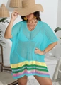 Detail of crochet beach cover-up featuring vibrant rainbow stripes and mesh texture - One Size / Tops / Sky Blue