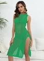 Close-up of green hollow-out knit dress with side slit and round neck for beach wear - One Size / Green