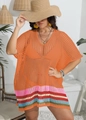 Detail of crochet knit beach cover-up featuring colorful striped hem and mesh texture - One Size / Tops / Orange