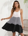 Detail of color-block striped mini sundress featuring white, grey, and black panels - S / Dark Grey