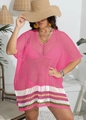 Detail of hot pink crochet beach cover-up with multi-color striped hem and V-neckline - One Size / Tops / Rose Red