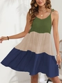Close-up of olive, beige, and navy striped patchwork tiered sun dress texture - S / Cyan