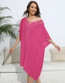 Detail of rose pink beach cover-up with crochet lace neck and bohemian loose sleeves - One Size / Tops / Rose Red