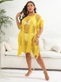 Detail of yellow knit hollow beach cover-up with tassel hem and stylish irregular fringe - One Size / Yellow