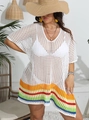 Women's white crochet beach cover-up with deep V-neck and colorful rainbow stripes - One Size / Tops / White