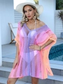 Detail of colorful ombre crochet beach cover up dress showing intricate knit texture - One Size / Pink Purple