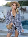 Damen Boho-Strand-Pareo mit Blumendruck, ausgestellten Ärmeln und Bindegürtel vorne - Einheitsgröße / Schwarz