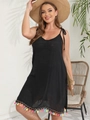 Women's black V-neck beach cover-up dress with colorful tassel hem and spaghetti straps - 0XL / Black