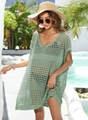 Detail of sage green crochet hollow-out beach cover-up with wavy knit texture - One Size / Green