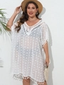 Detail von weißem Häkel-Strandkleid mit Quastensaum und strukturierter Bommel-Optik - Einheitsgröße / Weiß