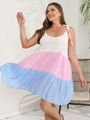Detail of color-block tiered dress with adjustable tie straps and pleated fabric - 0XL / Pink and Blue Patchwork