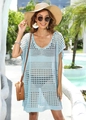 Detail of light blue crochet beach cover-up with geometric hollow knit and V-neckline - One Size / Blue