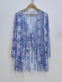 Damen Strand-Strickjacke mit blauem Paisley-Muster, Rüschen und Bindebändern - Einheitsgröße / Blau