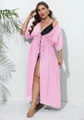 Close-up of pink translucent beach cover-up with lace stitching and waist tie detail - One Size / Pink