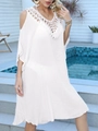 Detail of white crochet hollow-out neckline and off-shoulder design on beach cover-up - One Size / Tops / White
