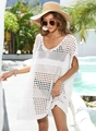 Detailed close-up of white crochet beach cover-up featuring geometric hollow out knit texture - One Size / White