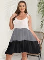 Women's summer color block tiered maxi dress with adjustable tie straps for beach wear - 0XL / Black and Grey Patchwork