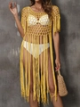 Detail of yellow crochet beach cover-up with hollow knit texture and long fringe tassels - One Size / Yellow