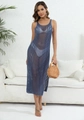 Vestido playero de ganchillo azul sin mangas con un bolso de paja tejida accesorio - Azul