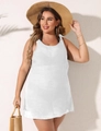 Close-up of white sleeveless plus size beach cover-up dress with summer accessories - White