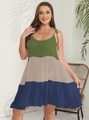 Detail of adjustable tie straps and tricolor block stitching on a summer sundress - 0XL / Blue-Green Splice