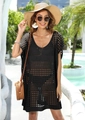 Detail shot of black crochet beach cover-up featuring geometric hollow-out knit patterns - One Size / Black