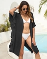 Detailaufnahme des schwarzen Rüschen-Cardigans mit leichtem Stoff für Strand-Bikini-Überwürfe - Einheitsgröße / Schwarz