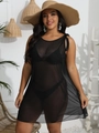 Detail of black sheer mesh beach cover-up with sleeveless vest dress cut and soft texture - 1XL / Tops / Black
